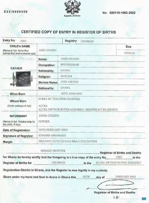 Download Ghana birth certificate template in PSD format Photoshop template
